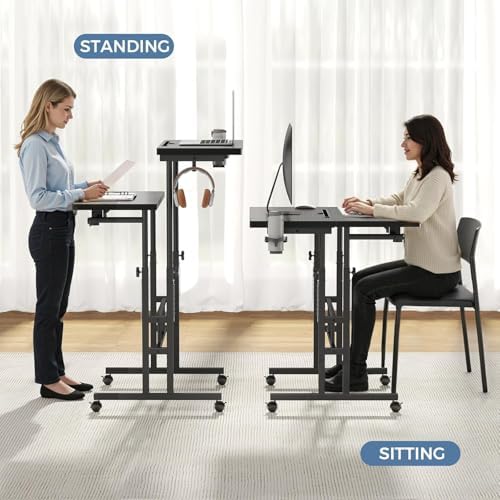 Simple Deluxe Split Top Rotating Standing Desk on Wheels – 23.6" Manual Adjustable Height Mobile Laptop Computer Table – Sit Stand Rolling Workstation with Tilt Function– Black