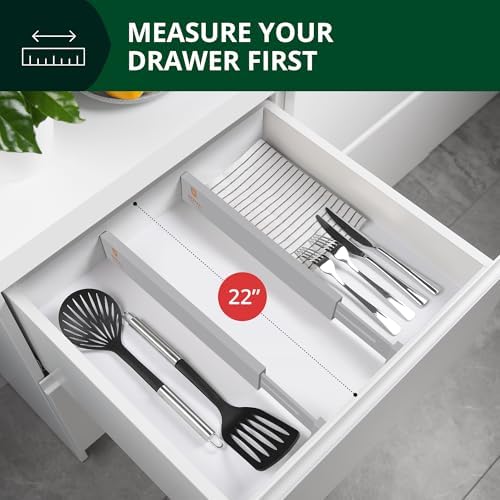 Bamboo Drawer Dividers Organizers, Adjustable Drawer Separator Splitters, 17–22 Inches Expandable Drawer Divider Organizer for Large Utensils, Kitchen, Bedroom, Dresser & Office Drawers 4-Pack, Gray