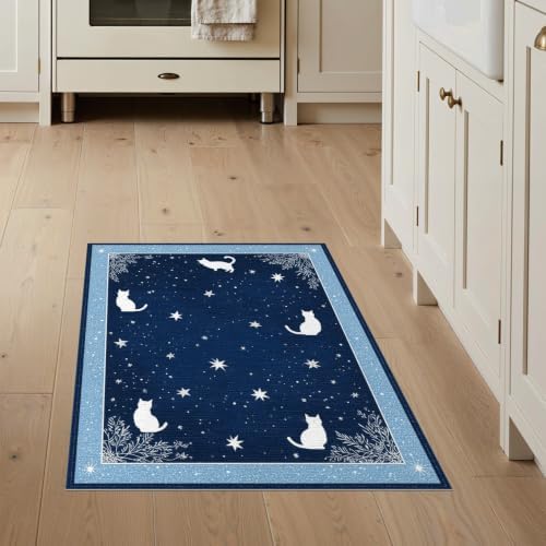 3'x5' Midnight Blue Cat Starry Design Washable Area Rug
