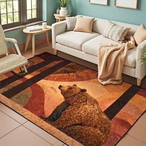 Peaceful Bear Amidst Tall Pines Soft Painted Area Rug Outdoor Patio Rug Play Mat Modern Floor Carpet Non-Slip Home Decor Living Room Kids Bedroom Nursery, 3x5 ft