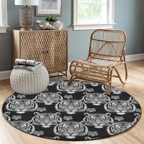 Large Machine Washable Circular Rugs, Home Decor Round Mat for Living Room Sofa Office Animal Tiger Black, 60inch
