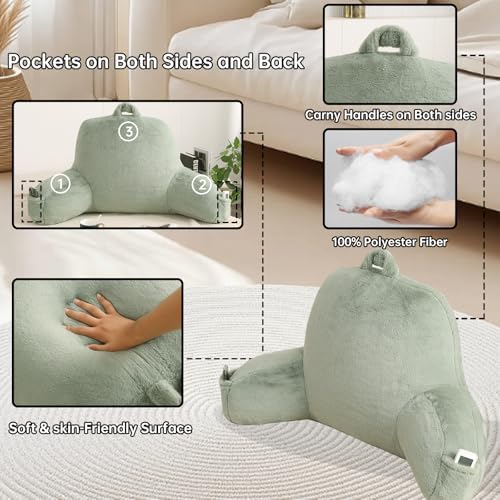 Large Plush Backrest Pillow for Sitting in Bed,Faux Fur,Green