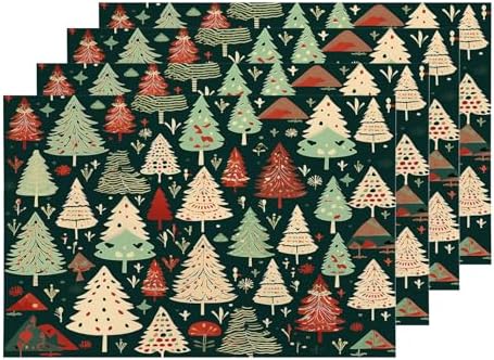 Shrahala Christmas New Year Placemats, Christmas Tree Cartoon Green Background Table Mat Linen Burlap Washable Double-Deck Heat Insulation for Dining Table Kitchen Table Set of 4 (12 x 18 inch)