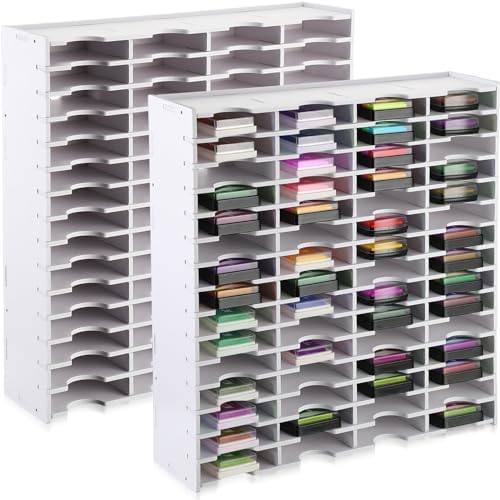 2 Pack 60 Grids Ink Pad Storage Holder Stamp Organizer, Ink Pad Stamp Holder Storage Rack for Home Office Crafts School Supplies, White