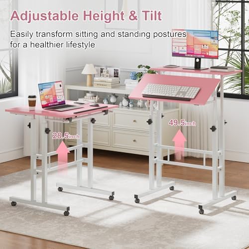 VECELO Small Mobile Standing Desk 24 Inch, Adjustable Height Portable Stand Up Desk with Wheels Computer Workstations, Rolling Laptop Cart, Pink