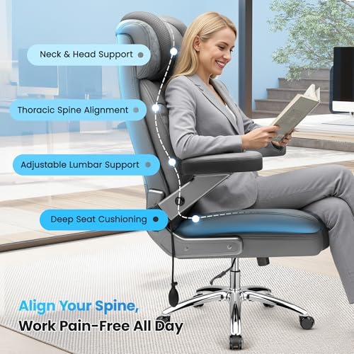BestGlory Big and Tall Office Chair, 500LBS Wide Seat Computer Desk Chair, Extra Large Executive Gaming Chair with Adjustable Lumbar Support and 5D Flip Arms, Comfy Heavy Duty Office Chair, Gray