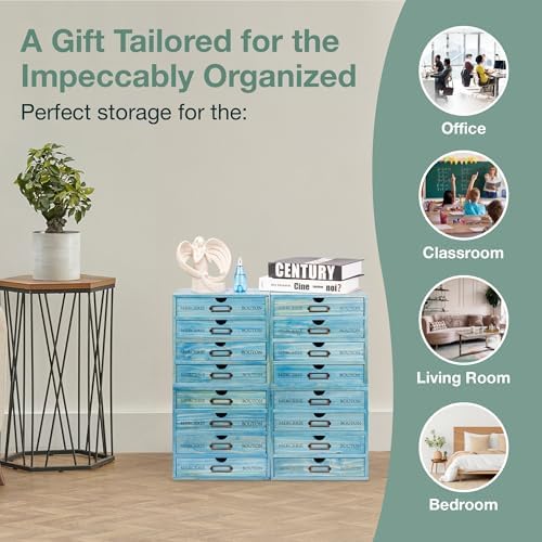4-Pack Turquoise Countertop Organizer Drawers - Stackable 4-Drawer Mini Filing Cabinets for Desktop - 9.7x7x10in European Country Style Storage Drawers w/Label Holders, Fully Assembled