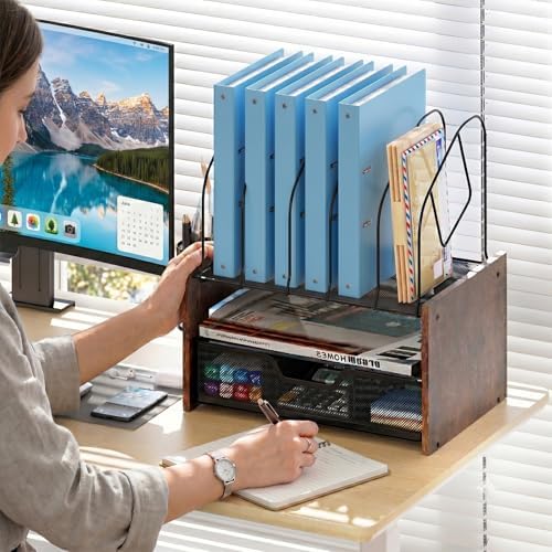 Desk Organizer with Drawer, Desktop File Organizer and Paper Tray Organizer with Vertical File Holder, Office Desk Accessories for Mail, Documents, Papers, Notebooks and Home Office Storage