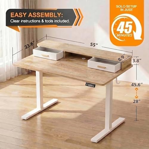 Grandder Electric Standing Desk with Two Drawers, Sit to Stand Up Height Adjustable Desk with Storage Shelf for Home Office, 55 * 24 Inch, Study, Ergonomic Adjustable Computer Desk, Oak