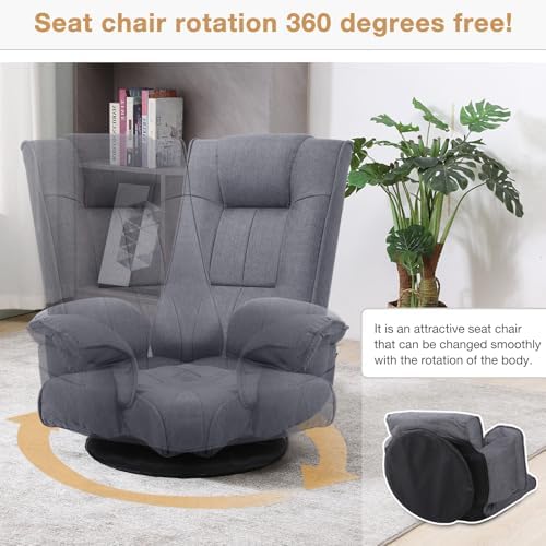 Ergonomic Swivel Floor Gaming Chair with Armrests & Side Pockets, 6-Position Reclining Sofa Bed, Foldable Padded Lounger with Thick Cushion & Lumbar Support for Esports, Reading, TV Watching, Grey