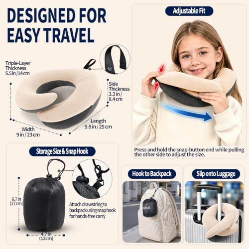 BUYUE Kids Travel Pillows for Airplane, Memory Foam 360° Head Support Sleeping Essentials for Long Flight, Skin-Friendly Soft Neck Pillow for Traveling in Car Seat, (Small, Beige Grey, 40-90 lbs)