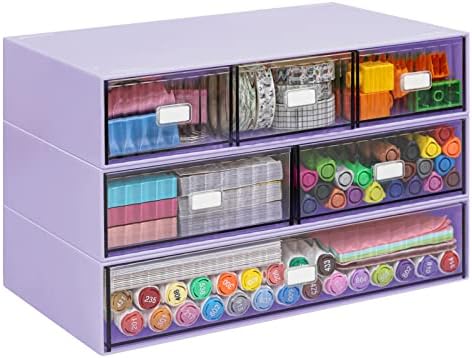 3 Tier Stackable Desk Organizer with 6 Drawers, Plastic Desktop Storage Box Drawers, Detachable Makeup Storage Office Stationery Supplies Organizer for Office School(Purple)