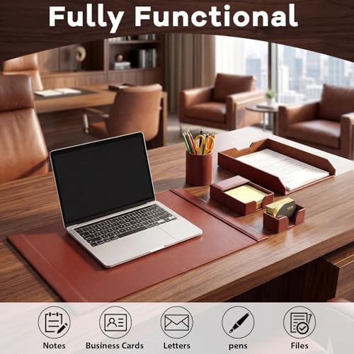 5 Pcs Bonded Leather Desk Organizer Accessories Set 30 x 18 Inch Leather Desk Mat Protector Sticky Note Holder File Paper Tray Pen Cup Business Card Holder Workspace Decor for Women Men