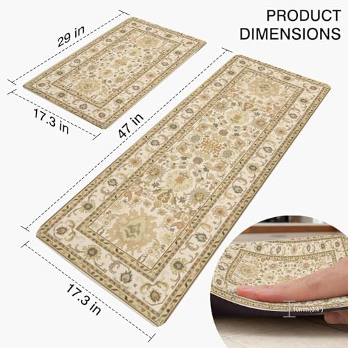 Boho Kitchen Mat, 2PCs, 17.3" x 47" + 17.3" x 29", Cream & Gold