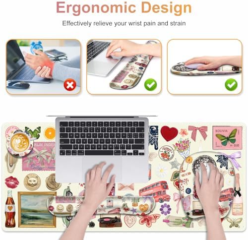 Beige Mouse Pad with Wrist Support 4 in1 Set, XXL Big Game Mousepad + Keyboard Wrist Rest + Mouse Wrist Rest Pad +Coaster Gaming Mat for Home Office Work Computer I Cute Design Stickers