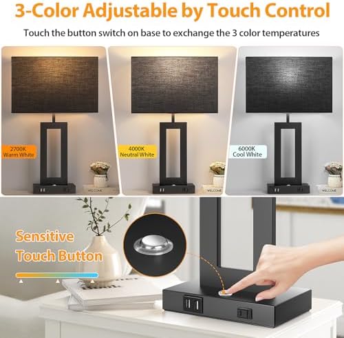 27.2’’ Tall Black Table Lamps for Living Room Bedroom, Bedside Touch Control Lamps with 2 USB Ports&AC Outlet, 3 Color Temp.&Stepless Dimming Desk Lamp Sets for Home Office, Pre-assembled Black Shade
