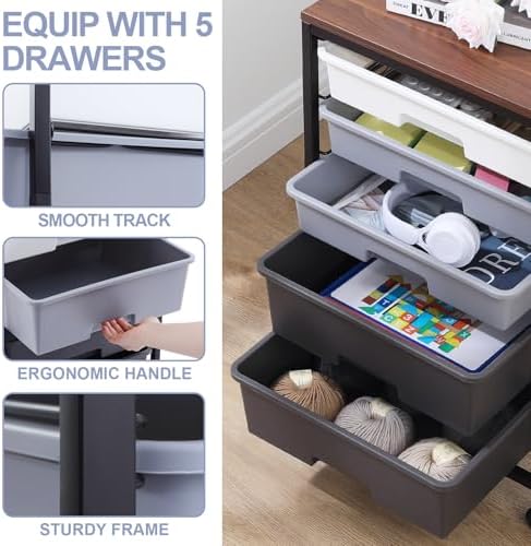 SYKIARIOL Utility Cart with Drawers,5 Drawers Storage Cart,Dark Grey