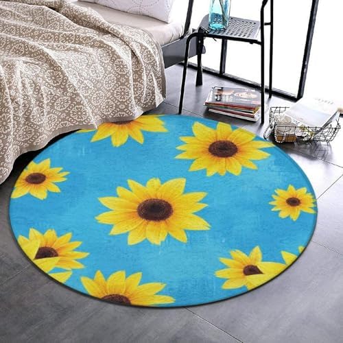 Large Home Decor Mat, Soft Round Yoga Carpet, Non Slip Machine Washable Home Office Circle Rug Sunflower