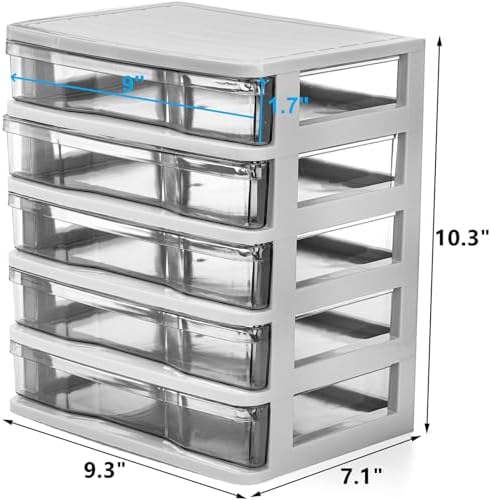DEAYOU 5 Drawer Desktop Storage Bin Unit, Small Plastic Organizer, White Frame with Clear Drawer, Mini Container Case for Desk, Storing Craft, Accessory, Stationery