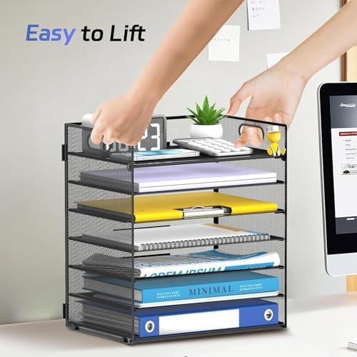 7 Tier Paper Organizer for Desk with Mesh Letter Trays and Handle 2 Pack