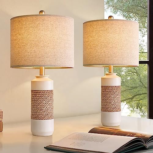 OYEARS 23.75" Bedside Table Lamps Set of 2 for Sleeping and Reading, Vintage Farmhouse Rattan Table Lamp Antique White Resin Lamp for Decoration, Office Living Room Bedside Table