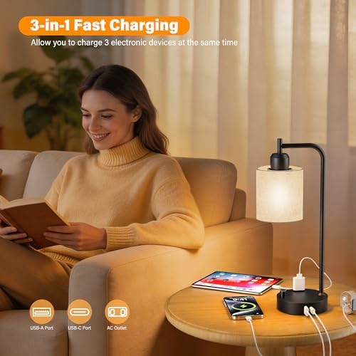 SIBRILLE Industrial Table Lamps with Linen Shade, Set of 2 Fully Dimmable Bedside Lamps with USB A+C Ports and Outlet, Black Nightstand Desk Lamps for Bedrooms Living Room Office, 2 LED Bulbs Included
