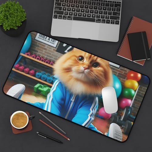 Cat in a Tracksuit Stretching Before a Workout Vibrant Desk Mat for Adults