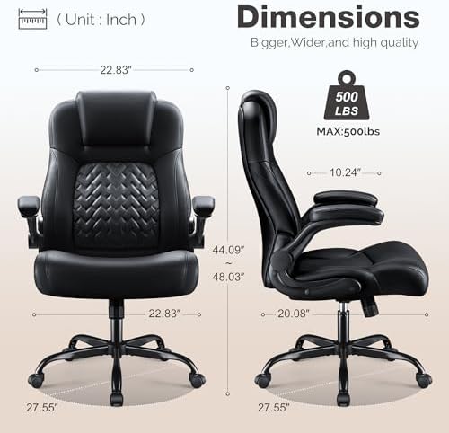 Furmax Big and Tall Office Chair 500lbs, Heavy Duty Office Chairs, Ergonomic High Back Desk Chair, Adjustable Flip Up Armrest Executive Chair Made of PU Leather, Computer Chair for Gaming Desk (Black)