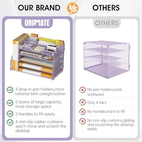 5 Tier Paper Letter Tray Desk Organizer with Pen Holders - Purple