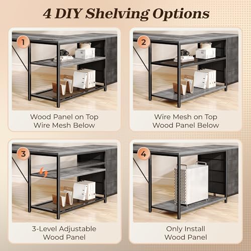 PRAISUN 61" L Shaped Desk with Power Outlets & 4 Drawers