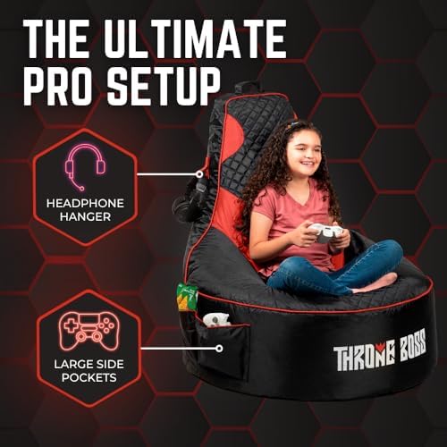 Gaming Bean Bag Chair Cover for Kids, High Back, Large Pockets, Red