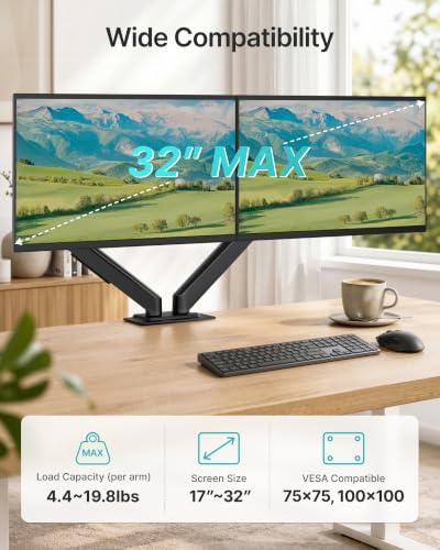 Dual Monitor Arm for Up to 32 Inch Screens, Heavy Duty Monitor Mount