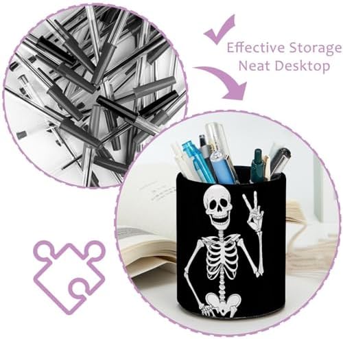 Funny Skeleton Pen Holder Pencil Organizer Cute Pencil Cup Desk Decor Makeup Brush Holder PU Multifunctional Office Supplies for Home Classroom School