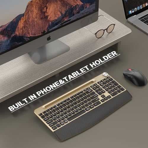 GAMCATZ Ergonomic Wireless Keyboard and Mouse with Wrist Rest，Phone Holder - 2.4GHz Full-Sized Low-Profile Quiet Gold Wireless Mouse and Keyboard Combo for Computer, Laptop, PC, Mac-Gold