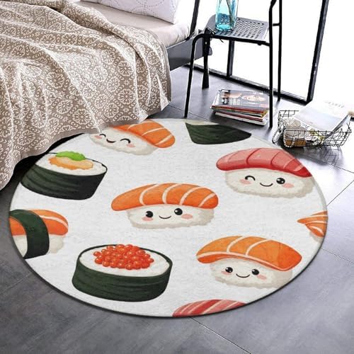 Large Home Decor Mat, Soft Round Yoga Carpet, Non Slip Machine Washable Home Office Circle Rug Kawaii Food Theme Japanese Sushi