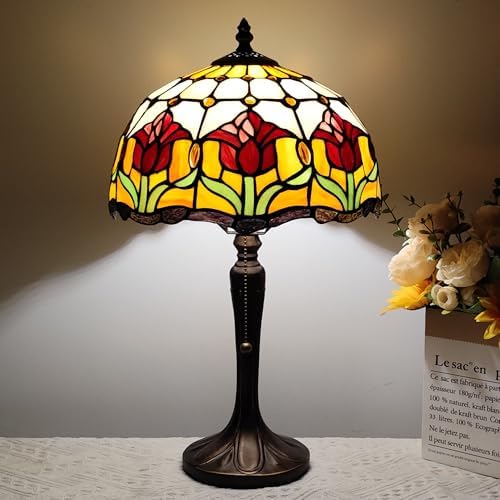 Tiffany Table Lamp Red Tulip Style Stained Glass Lamp 12 Inches Antique Desk Light for Home Office Bedroom Bedside Nightstand Living Room,Include LED Bulb