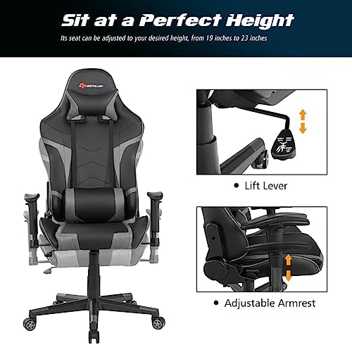 POWERSTONE Gaming Chair - Office Computer Gaming Racing Chair with Lumbar Massager Support PU Leather Adjustable Arms Headrest High-Back Recliner Ergonomic Rolling Swivel (Grey)