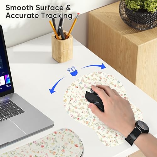 Wrist Rest Support for Mouse Pad Keyboard Set Circle Coaster Gaming Mouse Pad Ergonomic Gel Memory Foam Set for Computer, Laptop, Office, Pain Relief, Comfortably Typing Flowers KM-39