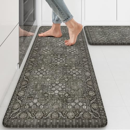 KIMODE Anti Fatigue Kitchen Mat 2PC,Waterproof Farmhouse Green Kitchen Rugs