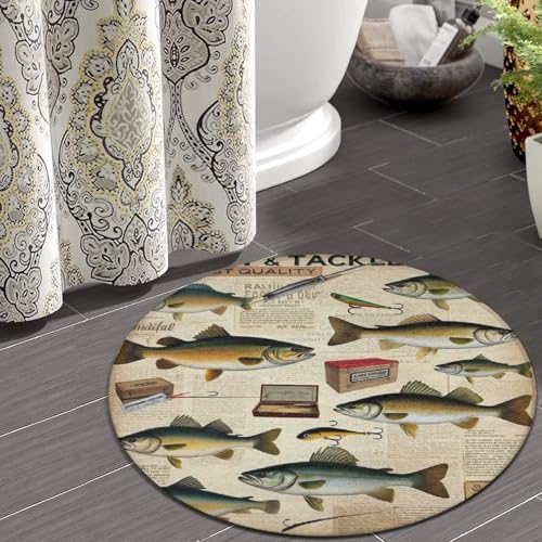 Fashion Round Area Rug Large Non Slip Carpet, Farmhouse Fishing Unisex Home Decor Mat