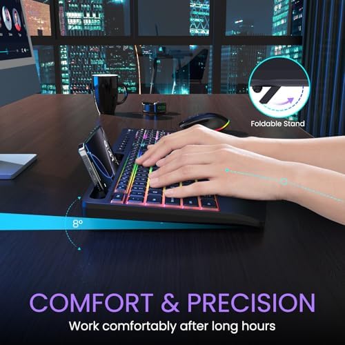 Wireless Keyboard and Mouse Combo- VEILZOR 2.4G Rechargeable Keyboard with Phone Holder, Ergonomic Wrist Rest, 9 RGB Backlit Effects, Silent Keyboard Mouse Set for Windows, Laptop, PC