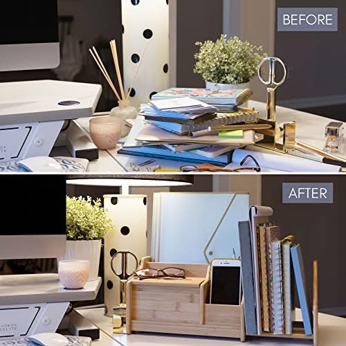DECOMIL Bamboo Desk Organizer, Wood Desktop Shelf, Perfect Office Decor for Office Supplies Storage, Multifunction Desktop Organizer Shelf