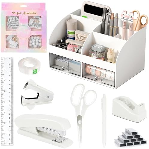 COMFYROOM Desk Accessories with Pen Holder, Office Supplies Desk Organizers and Accessories, Tape Dispenser, Stapler, Staple Remover, Staples, Clips Set, Ruler, Scissor, Pen, Tape (White)