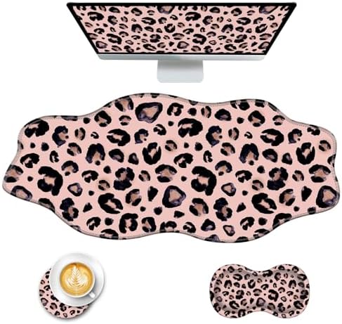 Mouse Pad with Wrist Support + Desk Mat + Coaster 3 in 1 Set, XXL Large Gaming Mousepad Ergonomic Mouse Pads for Desk Computer Laptop Office,Cute Leopard