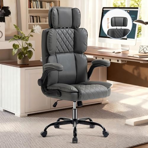 Office Chair with Adjustable Headrest - Executive Leather Desk Chair for Home Office, with Flip-Up Arms & Ergonomic Lumbar Support, Perfect for Work and Study, Gray