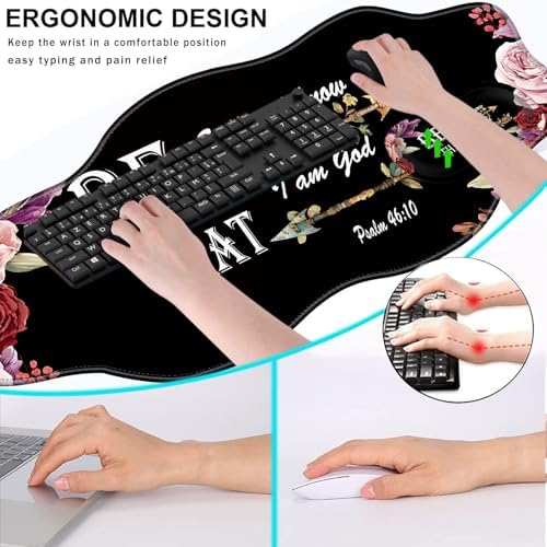 Mouse Pad with Wrist Support + Desk Mat + Coaster 3 in 1 Set, XXL Large Gaming Mousepad Ergonomic Mouse Pads for Desk Computer Laptop Office,Bible Verse Psalm 46-10 Adorable Peony Flower