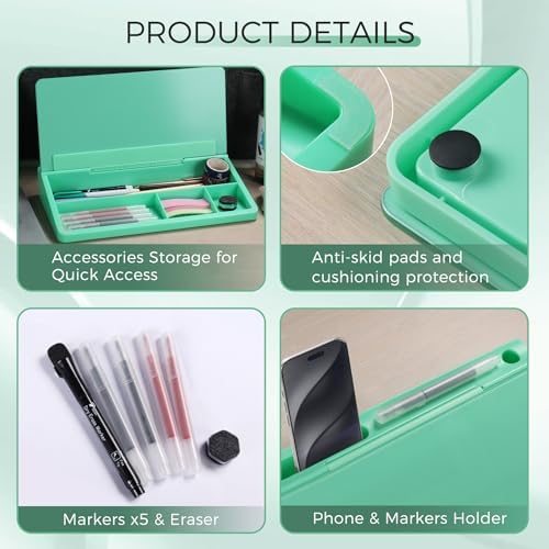 TOWON Compact Glass Desktop Whiteboard with Storage 12x7 in, Mint Green