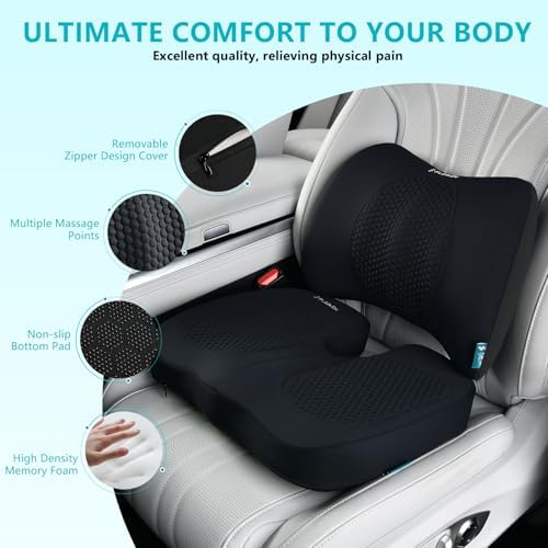 FLORICH Car Seat Cushion and Back Support for Office Chair Memory Foam Chair Cushions Pressure Relief Seat Pads with Gel Massage Point Lumbar Support Relief Sciatica & Tailbone (Black)