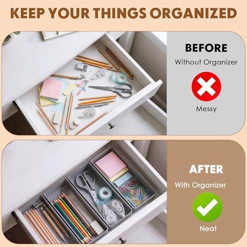 Teling 12 Pcs Grey Plastic Desk Drawer Organizer Pen Tray Shallow