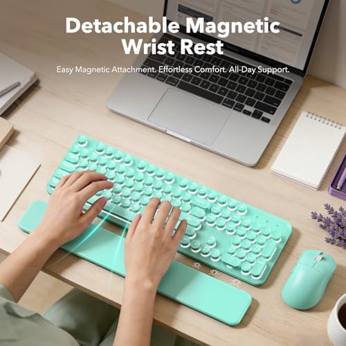Wireless Keyboard and Mouse Combo, Backlit Round Keycaps, Retro Typewriter Keyboard with Detachable Wrist Rest, Rechargeable & Tilt Legs, 2.4GHz Cordless Connection for Windows/PC (Glowing Turquoise)